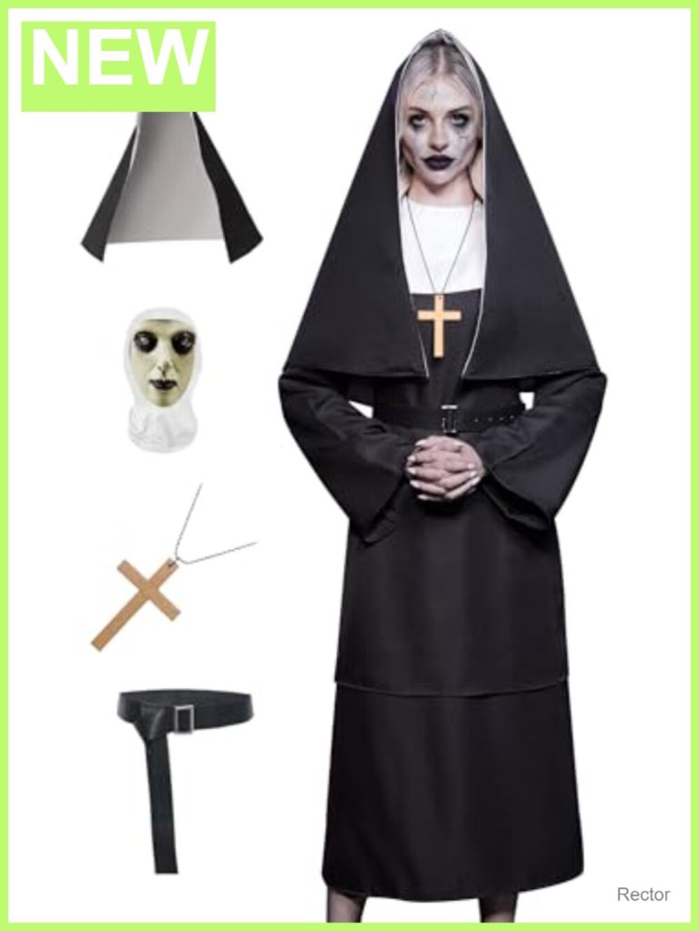 5Pc Scary Nun Costume Set Long Dress Veil Mask Cross Necklace Belt Halloween